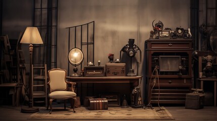 The image shows a vintage room setting with a globe, books, and other objects on a wooden table