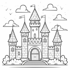 A black and white illustration of a castle for coloring book. A large fairytale castle coloring page. Stress relief and relaxation concept.