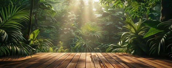 Wooden floor amidst dense green jungle, sunlight piercing through leaves