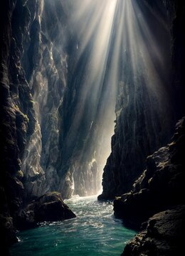 Gorge with a mountain river and rays of light