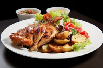a plate of food with a chicken and salad on it.