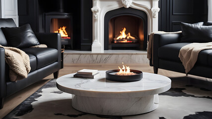 Marble stone accent coffee table near black sofa. Ottoman chairs and fireplace Scandinavian, art deco interior design of modern living room