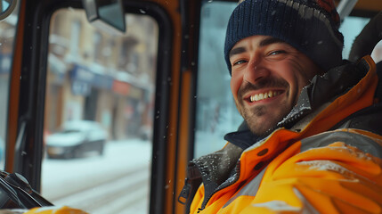 Smiling Man driving a bus while working as professional driver