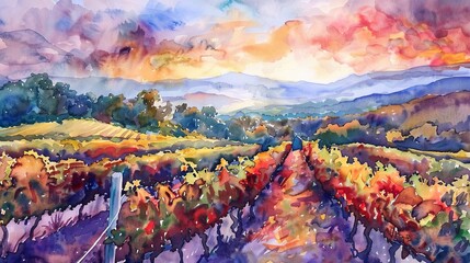 Minimalist watercolor of a picturesque vineyard in autumn, grapevines tinged with gold and red under a colorful twilight sky