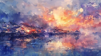 Gentle watercolor of a fishing village at sunset, the calm waters mirroring the vivid blend of colors in the evening sky