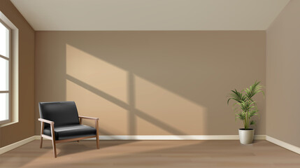 Realistic vector beige room with sunlight and window. Illustration of apartment interior design with blank pastel walls,  with wooden parquet floor with furniture, sofa and plant.