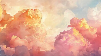 Gentle watercolor of large clouds tinged with the soft pink and gold hues of sunset, offering a calming yet wondrous visual experience