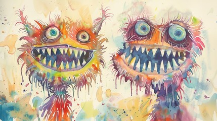 Gentle watercolor of two monsters in soft pastel colors, their wide smiles full of teeth and big eyes capturing a sense of playful mischief