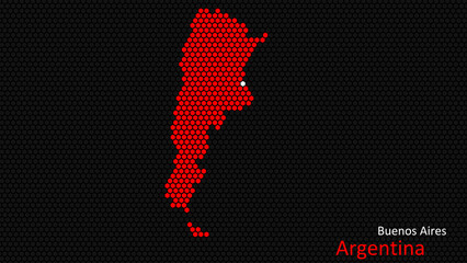 A map of Argentina, with a dark background and the country's outline in the shape of a colored hexagon, centered around the capital. A simple sketch of the country