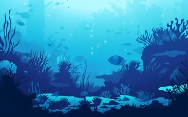 
underwater silhouette background. underwater coral reef, sea fish and marine algae cartoon scene, underwater. vector live aqua and seabed which is very beautiful