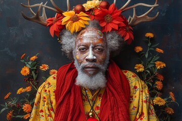 Fototapeta premium Gifted Anonymity: Festive Figure in Vibrant Online Celebrated Visual