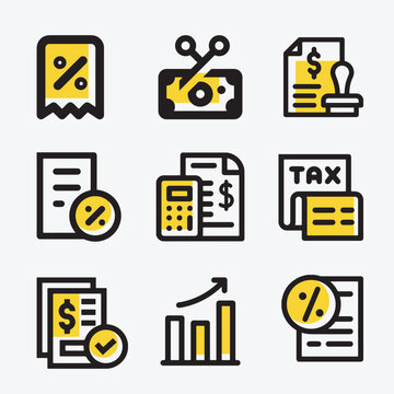Simple Set of Tax Related Vector Line Icons in yellow color. Contains such as Money Report, Interest Rate, Tax Return and more.