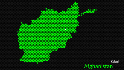 A map of Afghanistan, with a dark background and the country's outline in the shape of a colored hexagon, centered around the capital. A simple sketch of the country