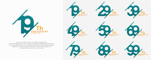 anniversary vector set with blue and orange color and slash for celebration purpose