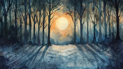 Picturesque watercolor of a full moon casting long shadows through a grove of trees, adding depth and mystery to the serene landscape