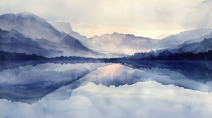 Obraz premium Serene watercolor of a mountain lake at twilight, the last light of the sun blending with the mist to create a dreamlike reflection