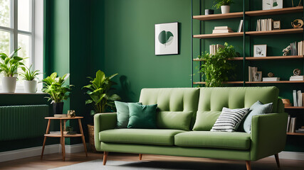 Sofa and bookcase near green wall. Scandinavian interior design of modern living room