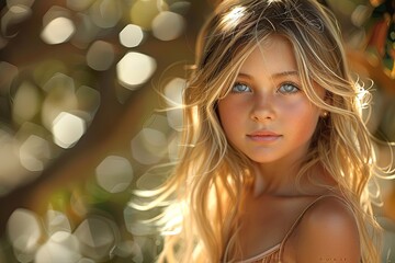 Obraz premium Enchanting Rural Sunlight: Adorable Girl in Detailed Digital Art
