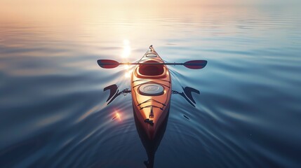 The image shows a lonely orange kayak on a calm lake. The water is crystal clear. The sun is...
