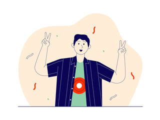 Young boy showing victory sign. Happiness vector illustration
