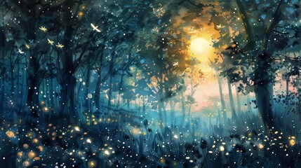 Watercolor and oil-painted blend showing fireflies dancing around the trees of a forest clearing, their light creating a halo-like effect