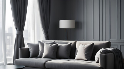 Sofa with grey pillows near window dressed with curtain. Minimalist interior design of modern living room