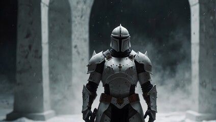 Naklejka premium Against the backdrop of pure white, a lone figure in armor emerges, the harbinger of chaos in the pristine void of Doom's realm ai_generated