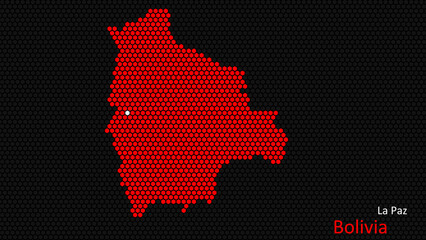 A map of Bolivia, with a dark background and the country's outline in the shape of a colored hexagon, centered around the capital. A simple sketch of the country