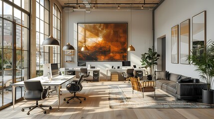 A chic coworking space with glass dividers, black ergonomic chairs, white desks, and gold pendant...