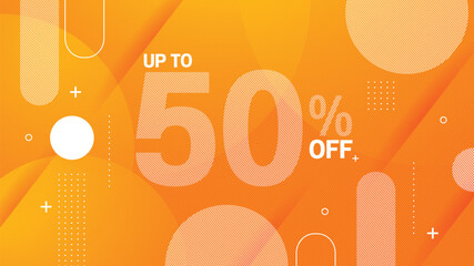 50 percent off special offers modern memphis banner yellow background style, luxury abstract Images, shadow gradients space composition, template design, Discount price, purchase illustration