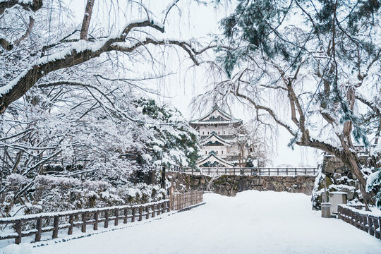 White Hirosaki Castle or Takaoka Castle with snow in winter, hirayama style Japanese castle located in Hirosaki city, Aomori Prefecture, Tohoku, Japan. Landmark for tourist attraction. Japan travel