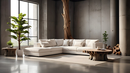 Tree stump coffee tables and white corner sofa in room with concrete wall and cement column. Loft, minimalist interior design of modern living room