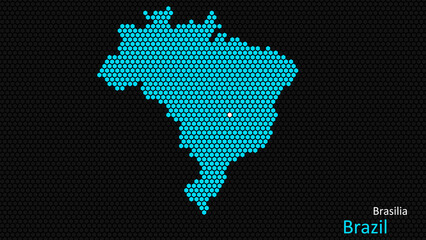 A map of Brazil, with a dark background and the country's outline in the shape of a colored hexagon, centered around the capital. A simple sketch of the country