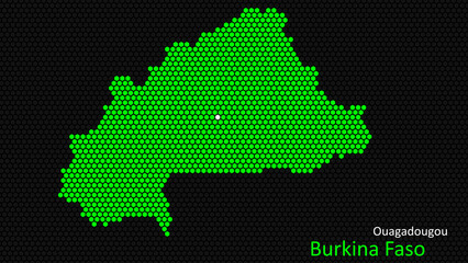 A map of Burkina Faso, with a dark background and the country's outline in the shape of a colored hexagon, centered around the capital. A simple sketch of the country