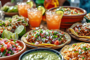 Vibrant Mexican Spread with Tacos and Margaritas at Party