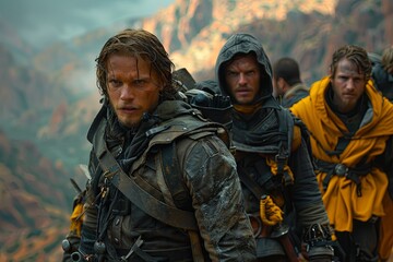 Fototapeta premium Shadowy Expedition: D&D Adventurers in Cinematic Landscape, Sunlit Vistas Ahead