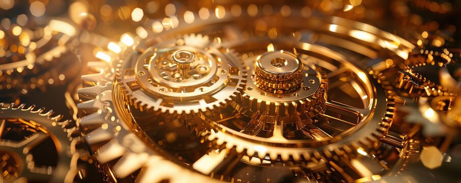Golden gears in a complex clockwork, symbolizing precise gold trading