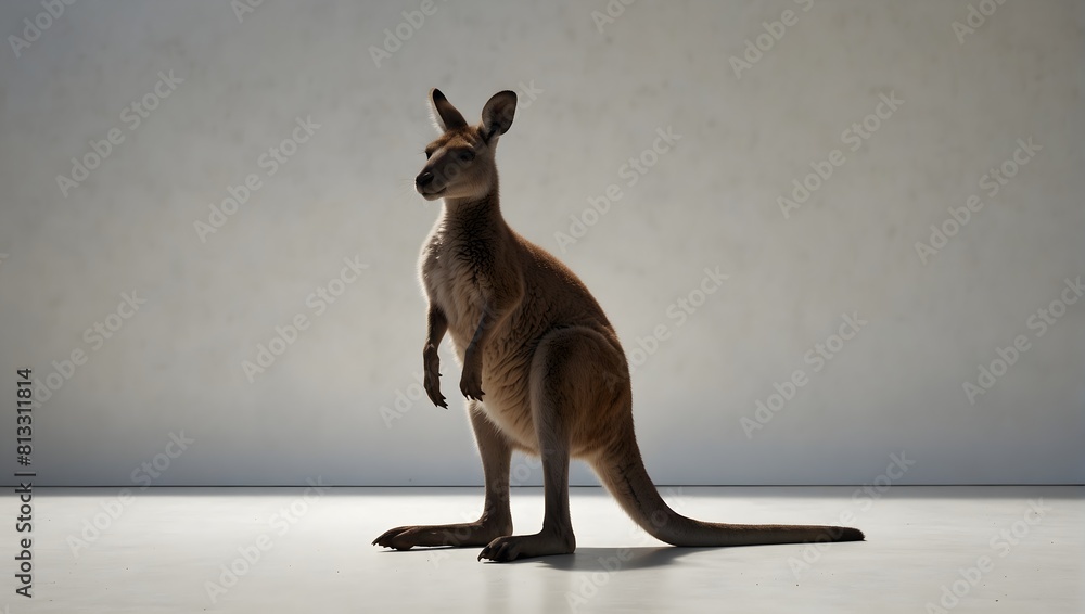 Wall mural Against the purity of a solid white backdrop, a lone kangaroo pauses, its powerful silhouette casting a graceful shadow on the empty canvas ai_generated