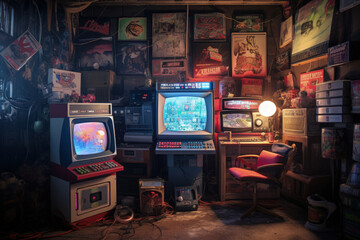 Teenager's Playroom with Classic Retro Game Console, Monitor and Vintage 90s Style Interior