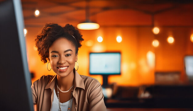 Joven africana sonriente frente a computadora en espacio de co-working teletrabajando. Ilustraci&oacute;n. IA generativa. Imagen con desenfoque y espacio negativo para rellenar.