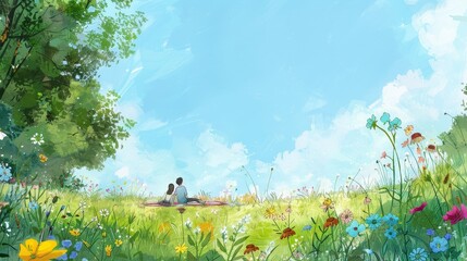 Watercolor depiction of a couple sitting together on a picnic blanket in a lush meadow, framed by wildflowers and a clear blue sky