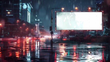 Watercolor of a blank billboard on a rainy night, city lights reflecting off the wet streets, creating a cinematic and mysterious ambiance