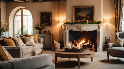 Two sofas near fireplace. French country, provence interior design of modern living room