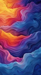 The image is an abstract painting with a colorful gradient of blue, purple, red, and yellow. It has a smooth, wavy texture and a sense of movement.