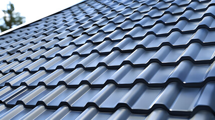 Fototapeta premium Close-Up view of vew blue metal roof tiles on residential house. Roof of house is covered with black metal modern roofing material against the sky close-up.