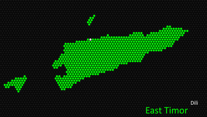 A map of East Timor, with a dark background and the country's outline in the shape of a colored hexagon, centered around the capital. A simple sketch of the country