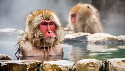 Monkey bathing in a hot spring