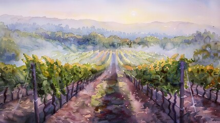 Naklejka premium Watercolor of rows of grapevines stretching into the mist, the sun rising in soft pastels, creating a serene vineyard landscape