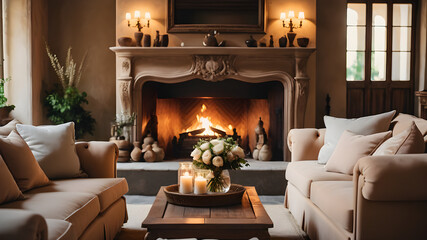 Two sofas near fireplace. French country, provence interior design of modern living room