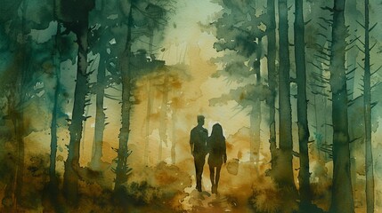 Watercolor painting of a man and woman walking arm-in-arm through a misty forest, the trees framing their tender closeness